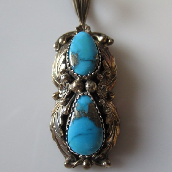 Vintage Native American Turquoise Pendant Sterling Silver Iron Pyrite Matrix - Picture 2 of 9